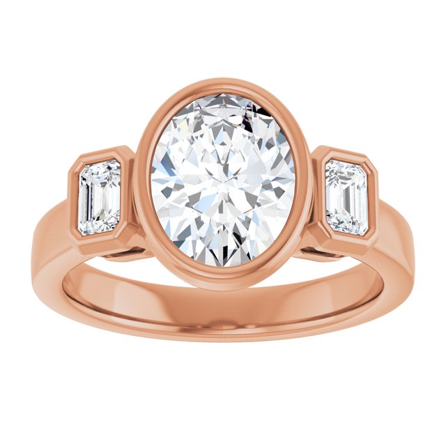 CHLOE Bezel Set Trilogy Oval Engagement Ring with Emerald Cut Accent Diamonds - 18K Rose Gold - View 3