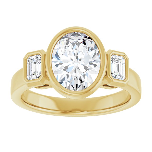 CHLOE Bezel Set Trilogy Oval Engagement Ring with Emerald Cut Accent Diamonds - 18K Yellow Gold - View 3