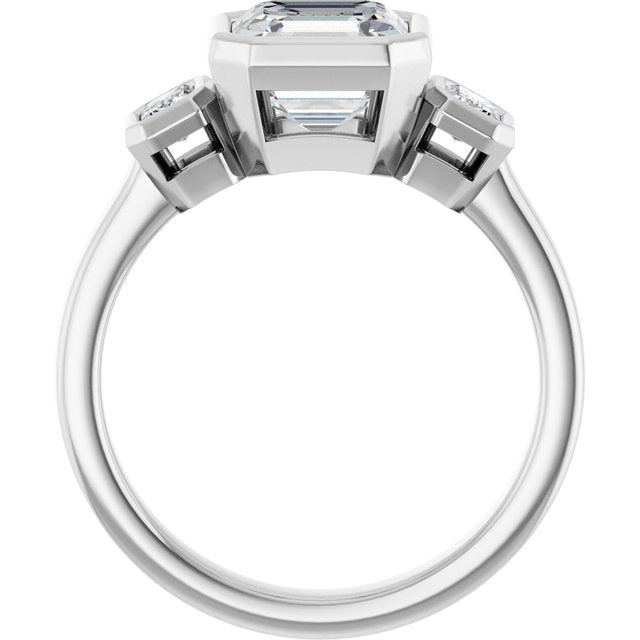 CHLOE Bezel Set Trilogy Asscher Engagement Ring with Emerald Cut Accent Diamonds - Platinum - View 2