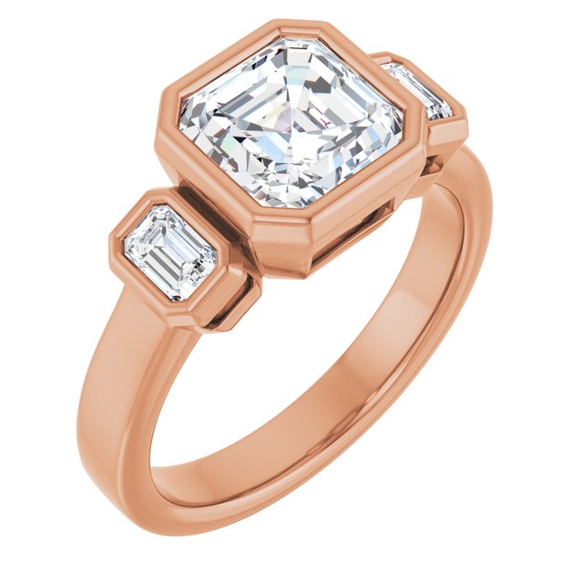 CHLOE Bezel Set Trilogy Asscher Engagement Ring with Emerald Cut Accent Diamonds - 18K Rose Gold - View 1