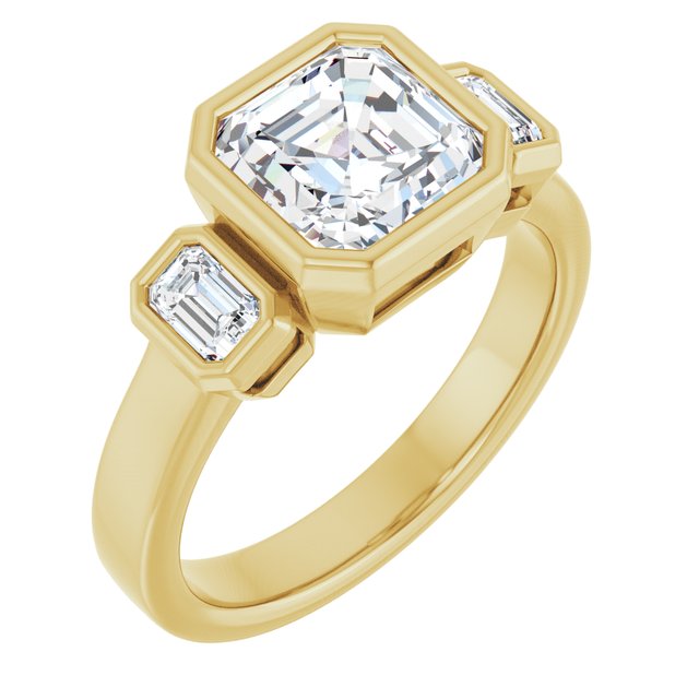 CHLOE Bezel Set Trilogy Asscher Engagement Ring with Emerald Cut Accent Diamonds - 18K Yellow Gold - View 1