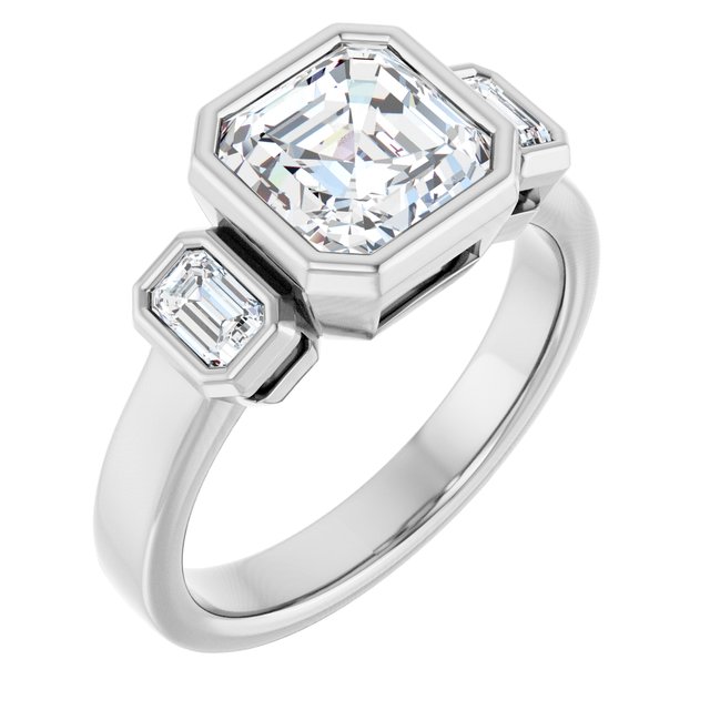 CHLOE Bezel Set Trilogy Asscher Engagement Ring with Emerald Cut Accent Diamonds - Platinum - View 1