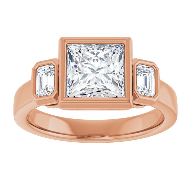 CHLOE Bezel Set Trilogy Square Engagement Ring with Emerald Cut Accent Diamonds - 18K Rose Gold - View 3