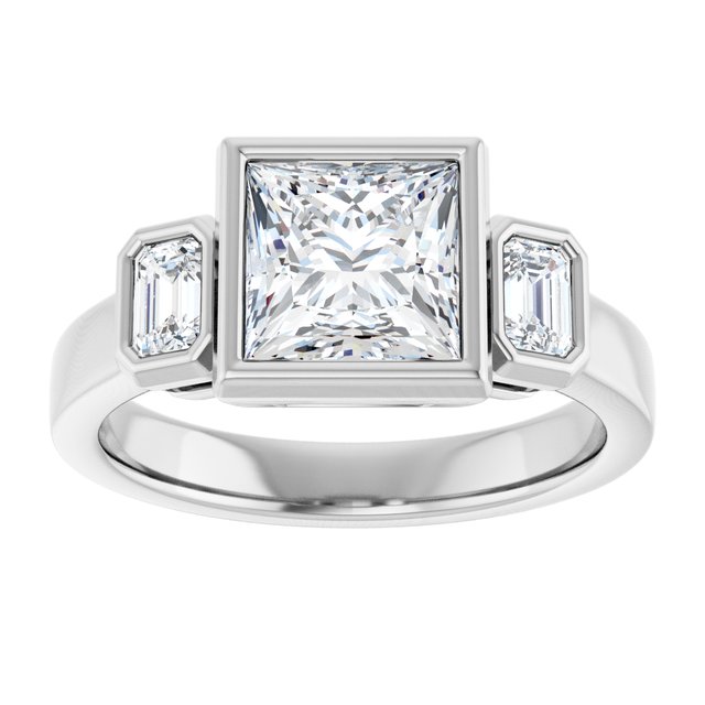 CHLOE Bezel Set Trilogy Square Engagement Ring with Emerald Cut Accent Diamonds - Platinum - View 3