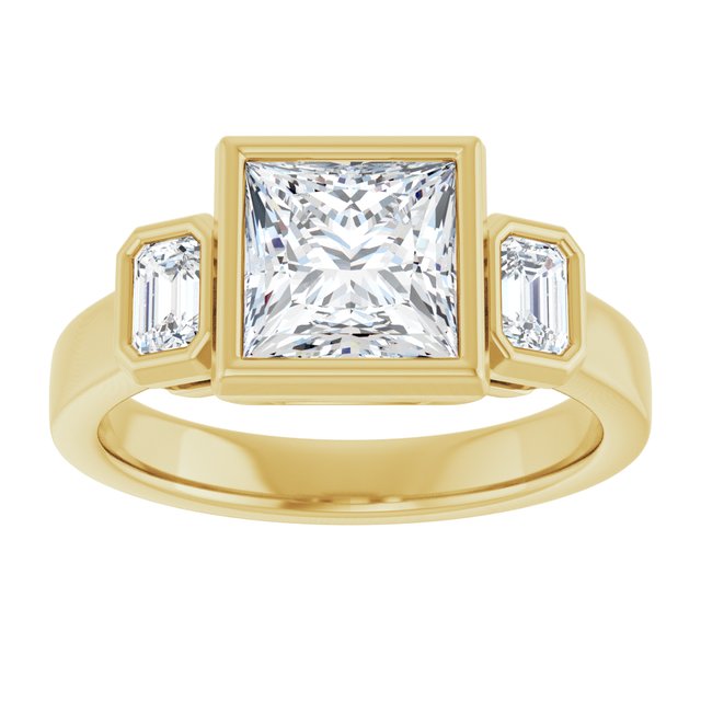 CHLOE Bezel Set Trilogy Square Engagement Ring with Emerald Cut Accent Diamonds - 18K Yellow Gold - View 3