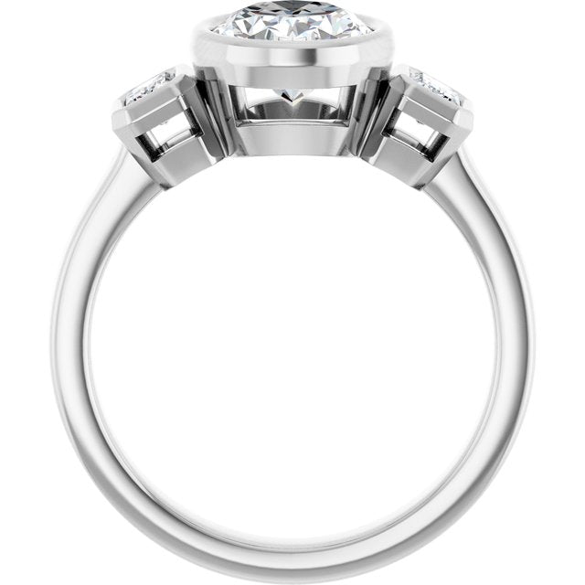 CHLOE Bezel Set Trilogy Oval Engagement Ring with Emerald Cut Accent Diamonds - Platinum - View 2