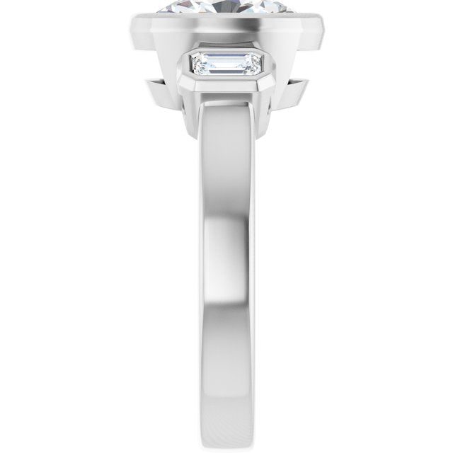 CHLOE Bezel Set Trilogy Oval Engagement Ring with Emerald Cut Accent Diamonds - Platinum - View 4