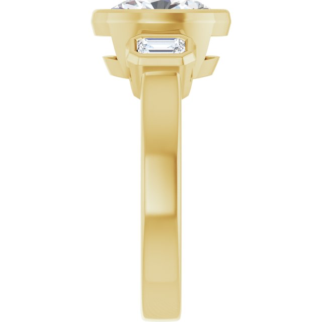 CHLOE Bezel Set Trilogy Oval Engagement Ring with Emerald Cut Accent Diamonds - 18K Yellow Gold - View 4