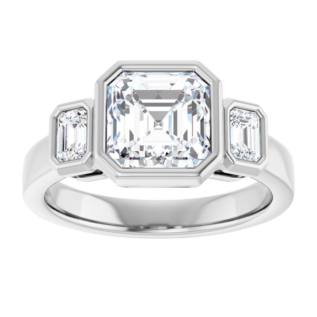 CHLOE Bezel Set Trilogy Asscher Engagement Ring with Emerald Cut Accent Diamonds - Platinum - View 3