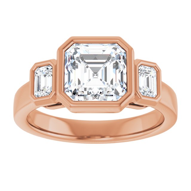 CHLOE Bezel Set Trilogy Asscher Engagement Ring with Emerald Cut Accent Diamonds - 18K Rose Gold - View 3