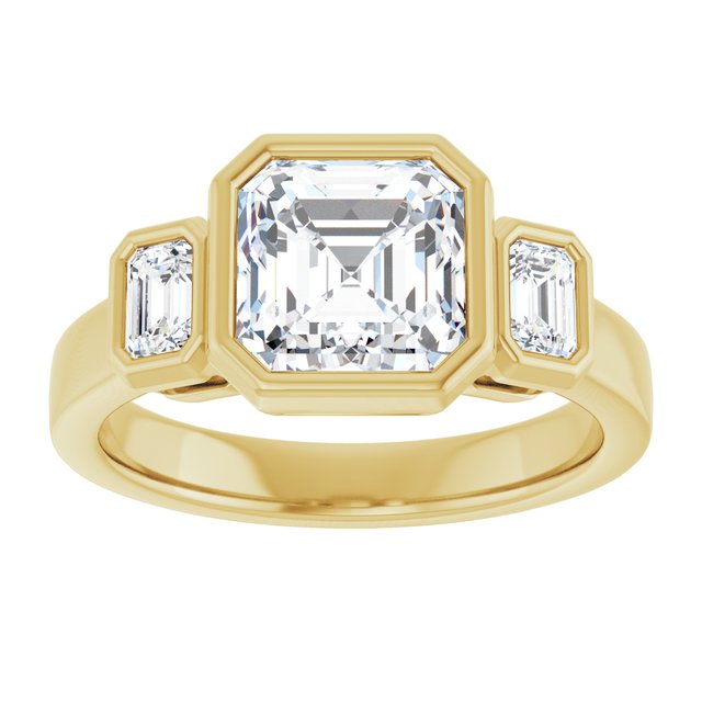 CHLOE Bezel Set Trilogy Asscher Engagement Ring with Emerald Cut Accent Diamonds - 18K Yellow Gold - View 3