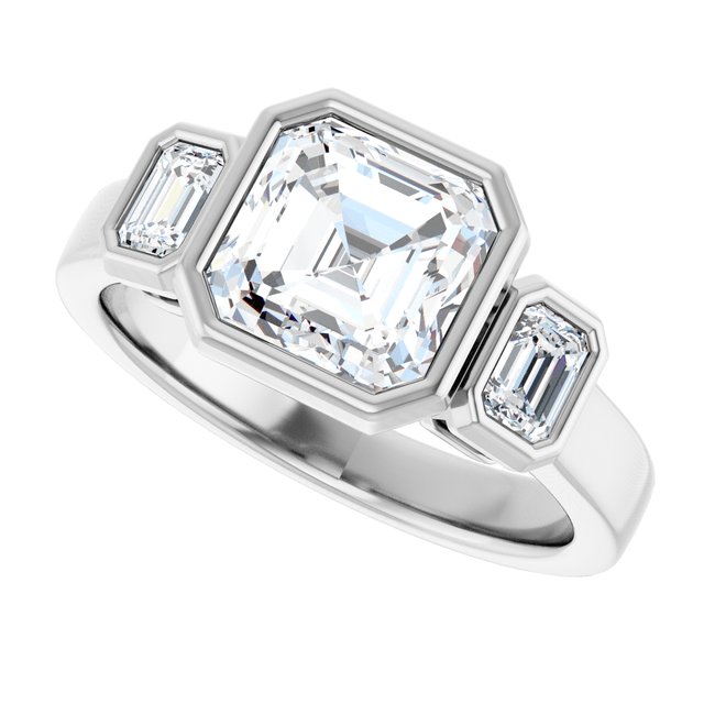 CHLOE Bezel Set Trilogy Asscher Engagement Ring with Emerald Cut Accent Diamonds - Platinum - View 5