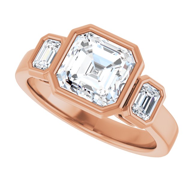CHLOE Bezel Set Trilogy Asscher Engagement Ring with Emerald Cut Accent Diamonds - 18K Rose Gold - View 5