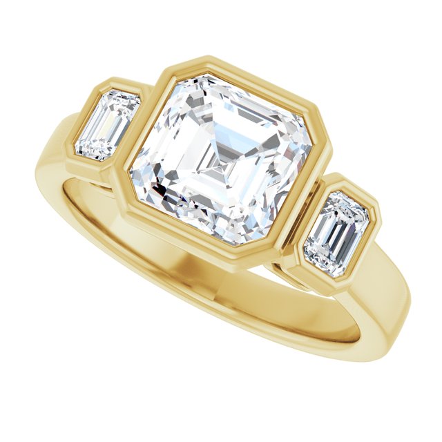 CHLOE Bezel Set Trilogy Asscher Engagement Ring with Emerald Cut Accent Diamonds - 18K Yellow Gold - View 5