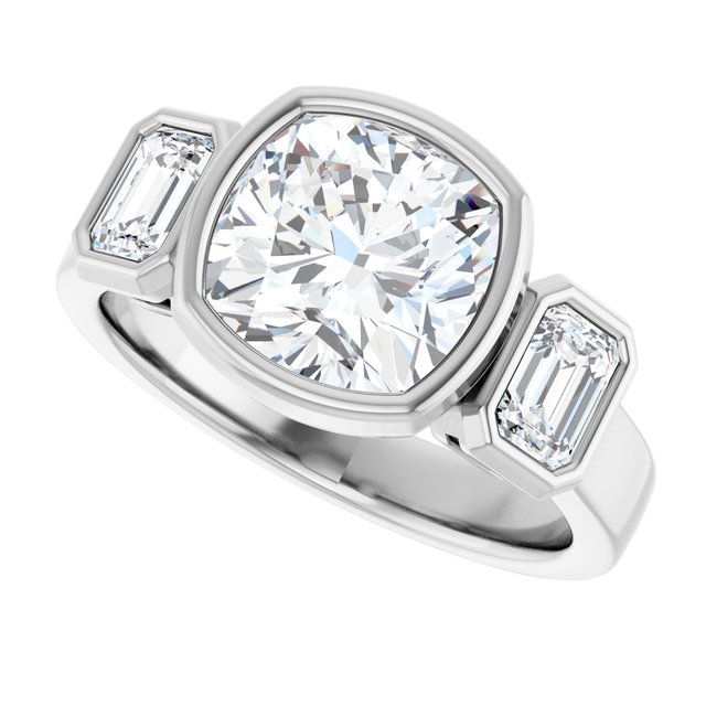 CHLOE Bezel Set Trilogy Cushion Engagement Ring with Emerald Cut Accent Diamonds - Platinum - View 5
