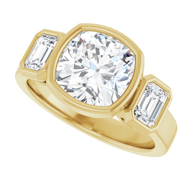 CHLOE Bezel Set Trilogy Cushion Engagement Ring with Emerald Cut Accent Diamonds - 18K Yellow Gold - View 5