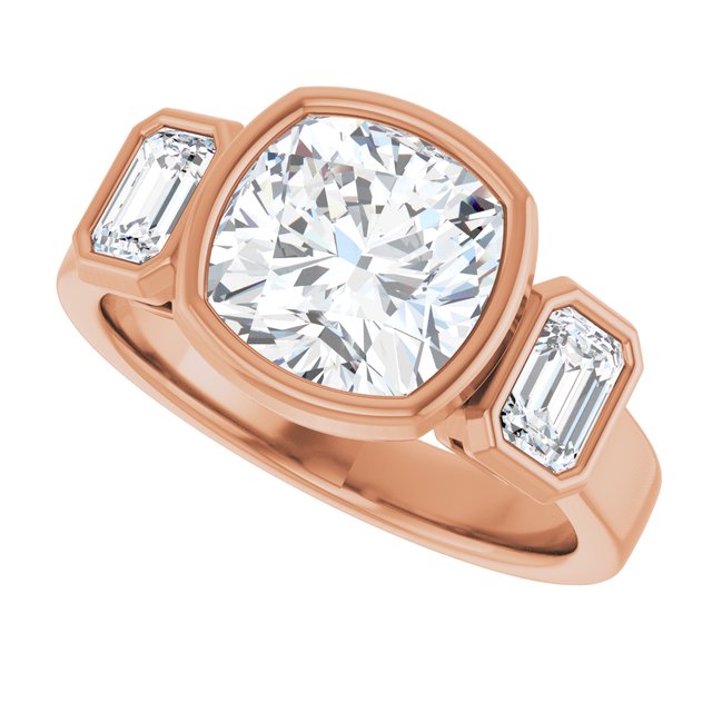 CHLOE Bezel Set Trilogy Cushion Engagement Ring with Emerald Cut Accent Diamonds - 18K Rose Gold - View 5