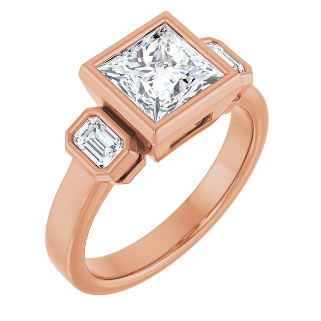 CHLOE Bezel Set Trilogy Square Engagement Ring with Emerald Cut Accent Diamonds - 18K Rose Gold - View 1