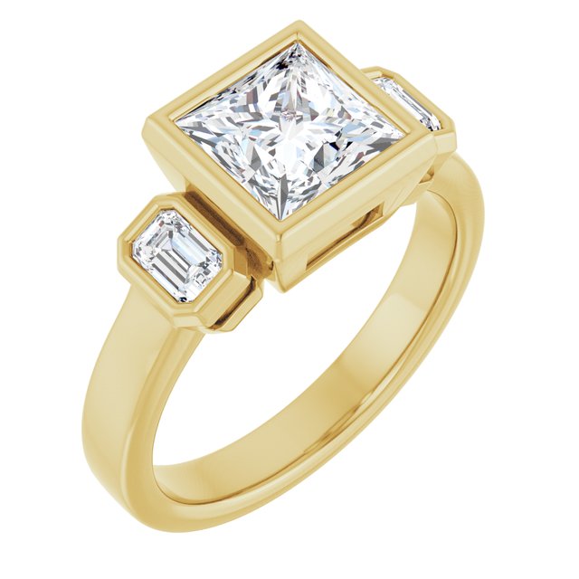CHLOE Bezel Set Trilogy Square Engagement Ring with Emerald Cut Accent Diamonds - 18K Yellow Gold - View 1