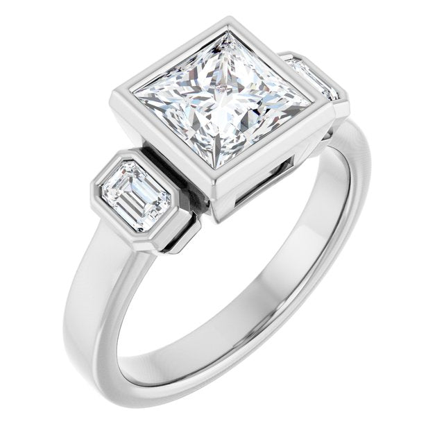 CHLOE Bezel Set Trilogy Square Engagement Ring with Emerald Cut Accent Diamonds - Platinum - View 1