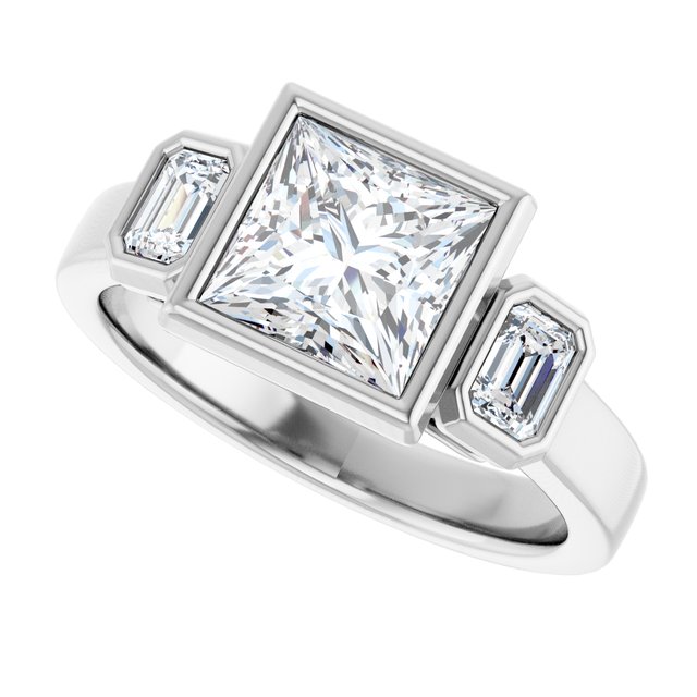 CHLOE Bezel Set Trilogy Square Engagement Ring with Emerald Cut Accent Diamonds - Platinum - View 5