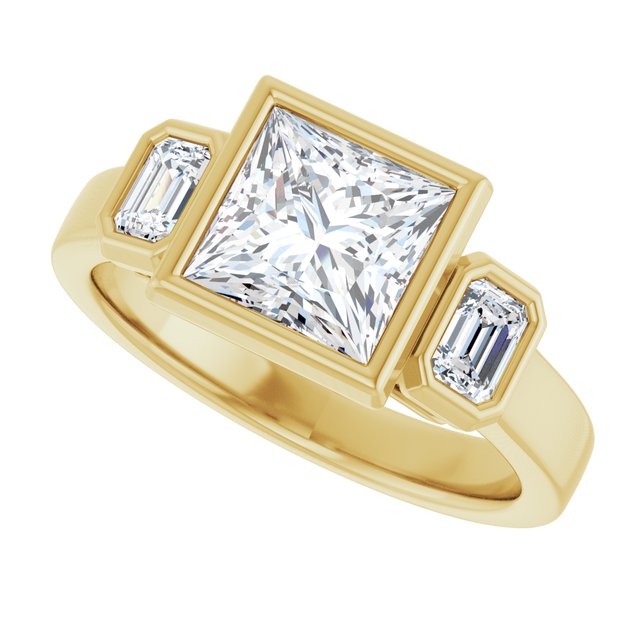 CHLOE Bezel Set Trilogy Square Engagement Ring with Emerald Cut Accent Diamonds - 18K Yellow Gold - View 5