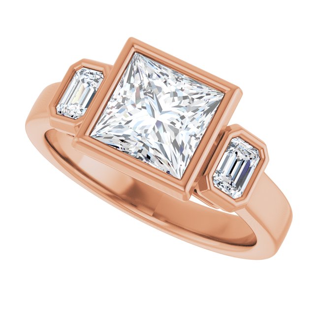 CHLOE Bezel Set Trilogy Square Engagement Ring with Emerald Cut Accent Diamonds - 18K Rose Gold - View 5