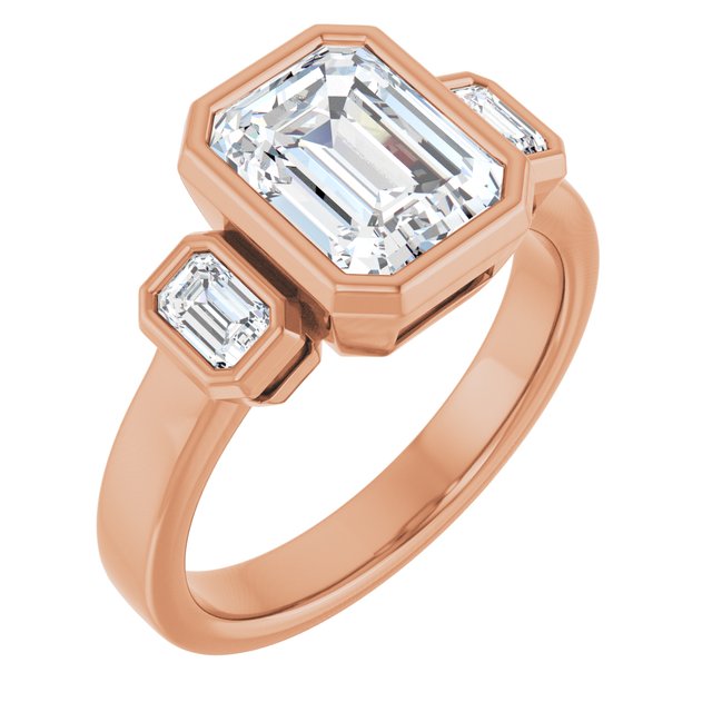 CHLOE Bezel Set Trilogy Emerald Engagement Ring with Emerald Cut Accent Diamonds - 18K Rose Gold - View 1