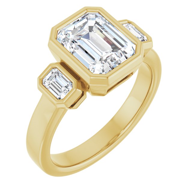 CHLOE Bezel Set Trilogy Emerald Engagement Ring with Emerald Cut Accent Diamonds - 18K Yellow Gold - View 1