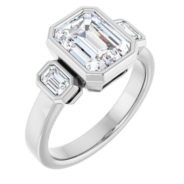 CHLOE Bezel Set Trilogy Emerald Engagement Ring with Emerald Cut Accent Diamonds - Platinum - View 1