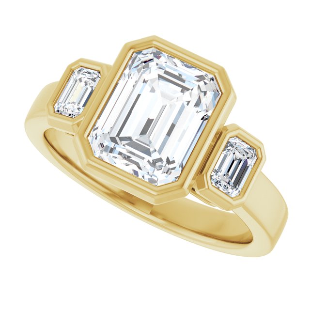 CHLOE Bezel Set Trilogy Emerald Engagement Ring with Emerald Cut Accent Diamonds - 18K Yellow Gold - View 5