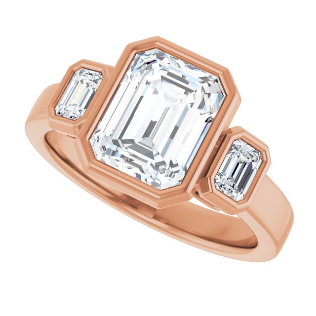 CHLOE Bezel Set Trilogy Emerald Engagement Ring with Emerald Cut Accent Diamonds - 18K Rose Gold - View 5