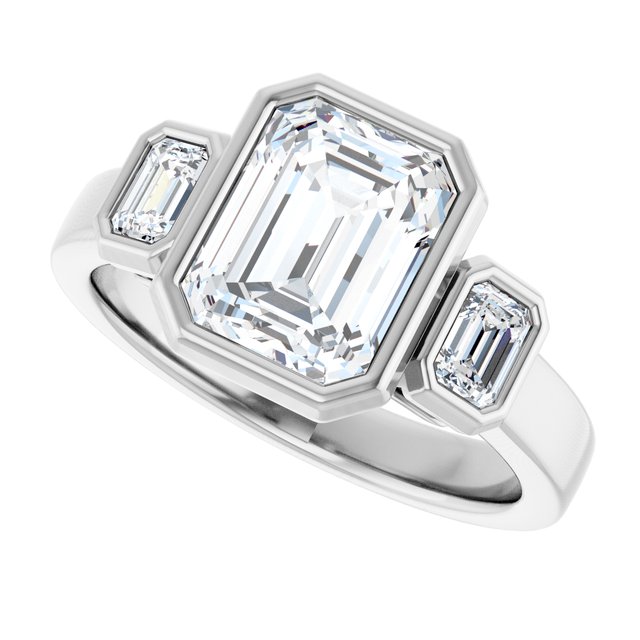 CHLOE Bezel Set Trilogy Emerald Engagement Ring with Emerald Cut Accent Diamonds - Platinum - View 5