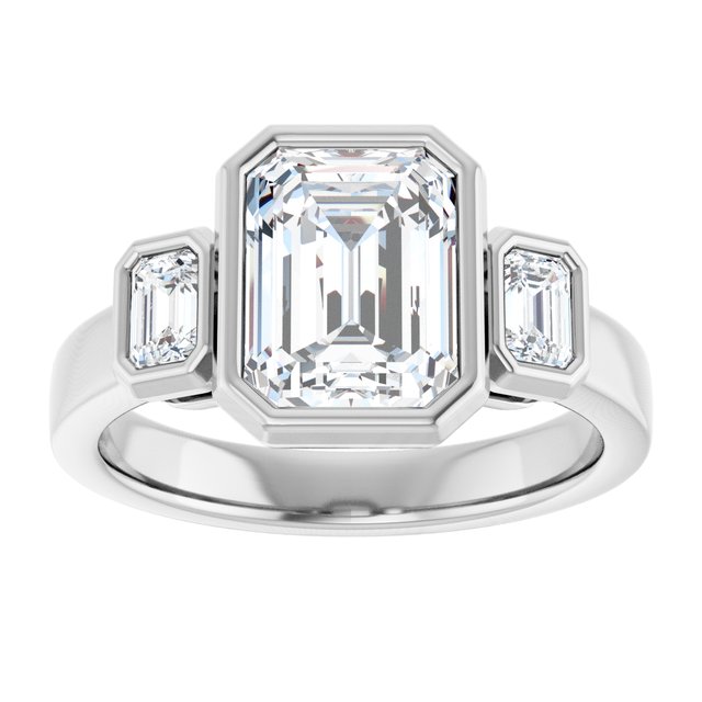 CHLOE Bezel Set Trilogy Emerald Engagement Ring with Emerald Cut Accent Diamonds - Platinum - View 3