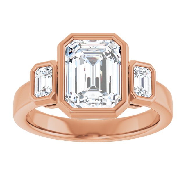 CHLOE Bezel Set Trilogy Emerald Engagement Ring with Emerald Cut Accent Diamonds - 18K Rose Gold - View 3