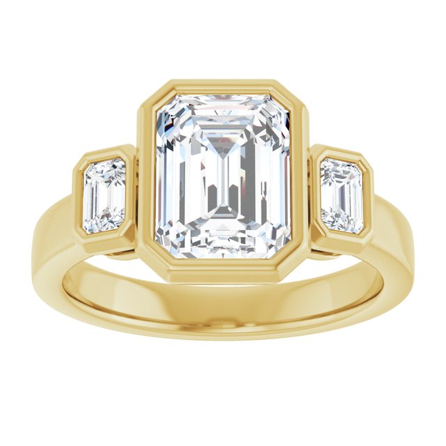 CHLOE Bezel Set Trilogy Emerald Engagement Ring with Emerald Cut Accent Diamonds - 18K Yellow Gold - View 3