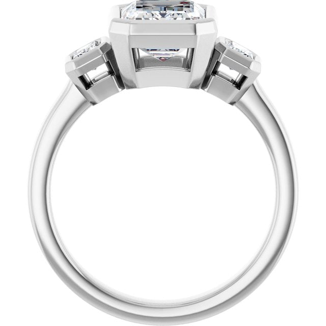 CHLOE Bezel Set Trilogy Emerald Engagement Ring with Emerald Cut Accent Diamonds - Platinum - View 2