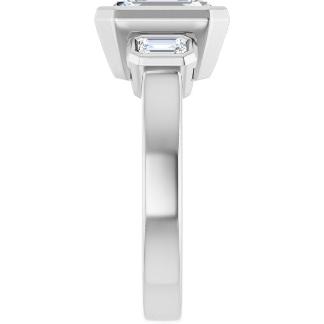 CHLOE Bezel Set Trilogy Emerald Engagement Ring with Emerald Cut Accent Diamonds - Platinum - View 4