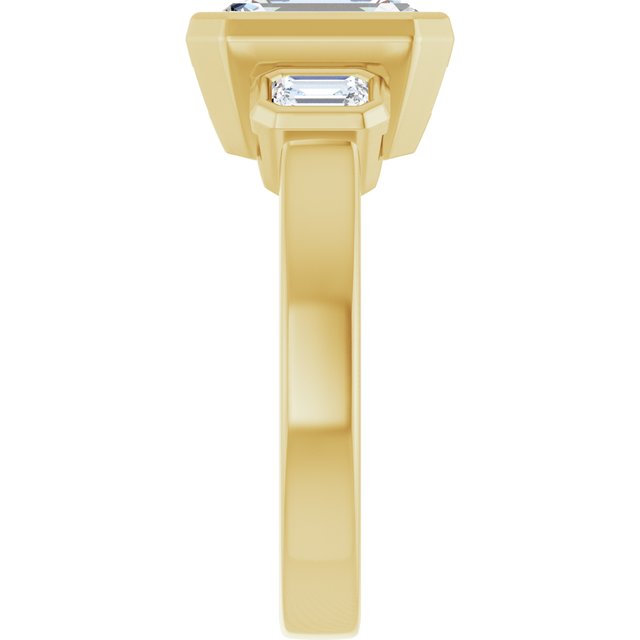 CHLOE Bezel Set Trilogy Emerald Engagement Ring with Emerald Cut Accent Diamonds - 18K Yellow Gold - View 4