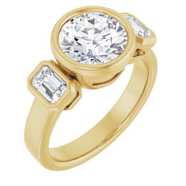CHLOE Bezel Set Trilogy Round Engagement Ring with Emerald Cut Accent Diamonds - 18K Yellow Gold - View 1