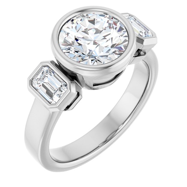 CHLOE Bezel Set Trilogy Round Engagement Ring with Emerald Cut Accent Diamonds - Platinum - View 1