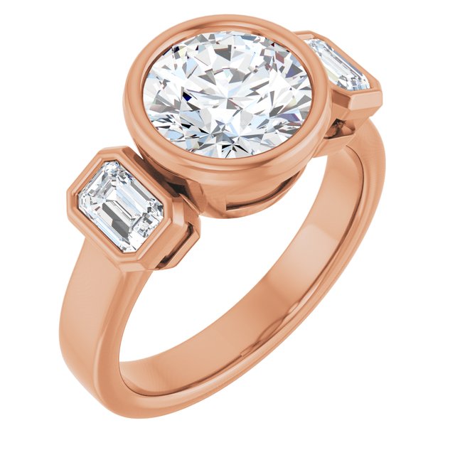 CHLOE Bezel Set Trilogy Round Engagement Ring with Emerald Cut Accent Diamonds - 18K Rose Gold - View 1