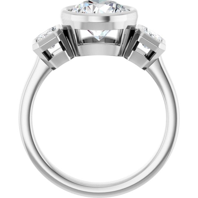 CHLOE Bezel Set Trilogy Round Engagement Ring with Emerald Cut Accent Diamonds - Platinum - View 2
