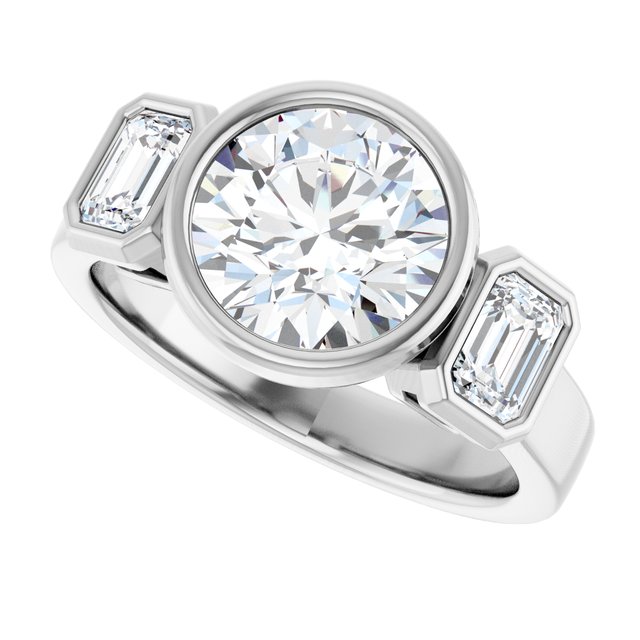 CHLOE Bezel Set Trilogy Round Engagement Ring with Emerald Cut Accent Diamonds - Platinum - View 5