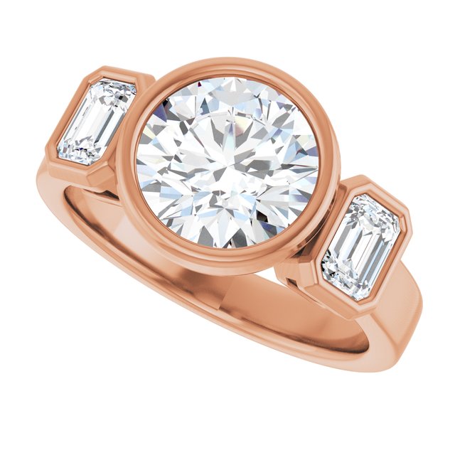 CHLOE Bezel Set Trilogy Round Engagement Ring with Emerald Cut Accent Diamonds - 18K Rose Gold - View 5