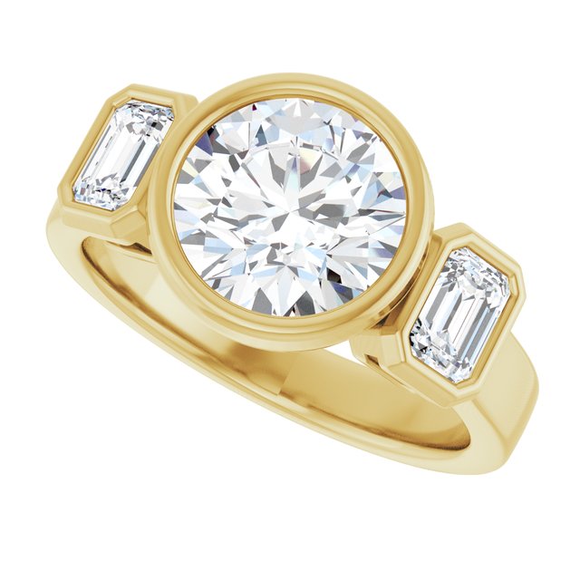 CHLOE Bezel Set Trilogy Round Engagement Ring with Emerald Cut Accent Diamonds - 18K Yellow Gold - View 5