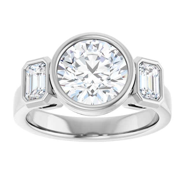 CHLOE Bezel Set Trilogy Round Engagement Ring with Emerald Cut Accent Diamonds - Platinum - View 3