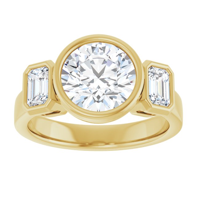 CHLOE Bezel Set Trilogy Round Engagement Ring with Emerald Cut Accent Diamonds - 18K Yellow Gold - View 3