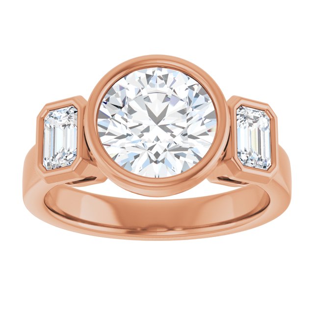 CHLOE Bezel Set Trilogy Round Engagement Ring with Emerald Cut Accent Diamonds - 18K Rose Gold - View 3