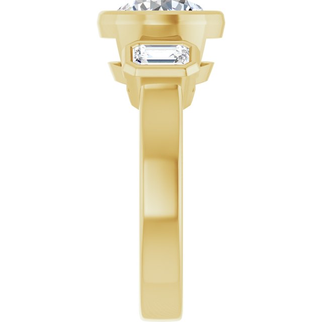 CHLOE Bezel Set Trilogy Round Engagement Ring with Emerald Cut Accent Diamonds - 18K Yellow Gold - View 4